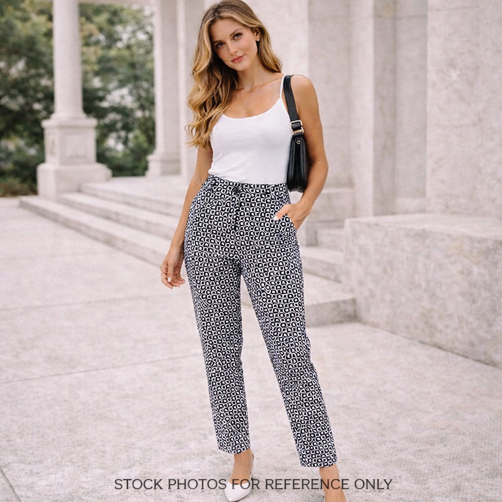 Navy Blue & White Geometric Print Skinny Leg Pants 8 Mod Retro Minimalist Chic